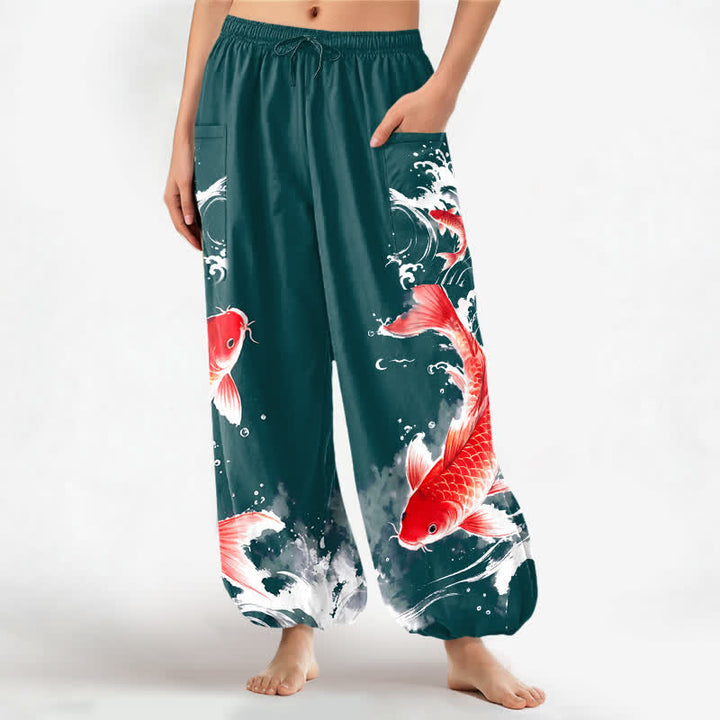 Buddha Stones Pantaloni harem da donna in cotone con elastico in vita e motivo a pesci koi, con tasche laterali. - Verde acqua - US16, UK/AU20, EU48 (3XL) - image 7