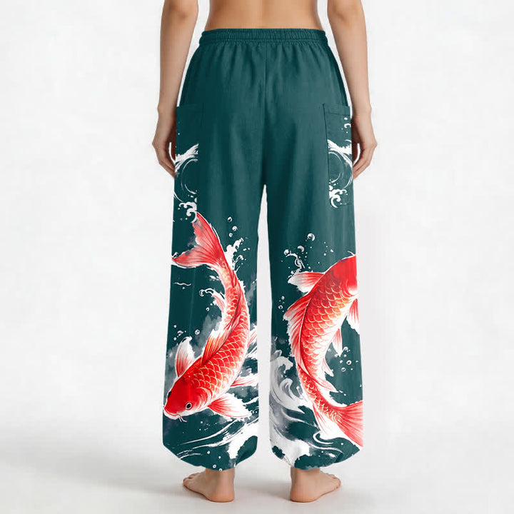 Buddha Stones Pantaloni harem da donna in cotone con elastico in vita e motivo a pesci koi, con tasche laterali. - image 9