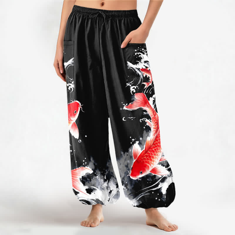 Buddha Stones Pantaloni harem da donna in cotone con elastico in vita e motivo a pesci koi, con tasche laterali. - Nero - US16, UK/AU20, EU48 (3XL) - image 10