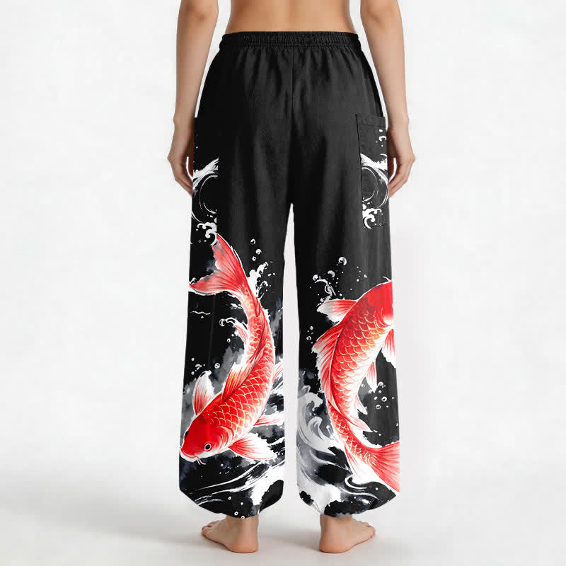 Buddha Stones Pantaloni harem da donna in cotone con elastico in vita e motivo a pesci koi, con tasche laterali. - image 12