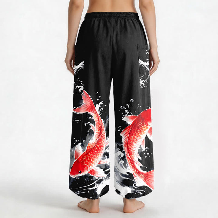 Buddha Stones Pantaloni harem da donna in cotone con elastico in vita e motivo a pesci koi, con tasche laterali. - image 12