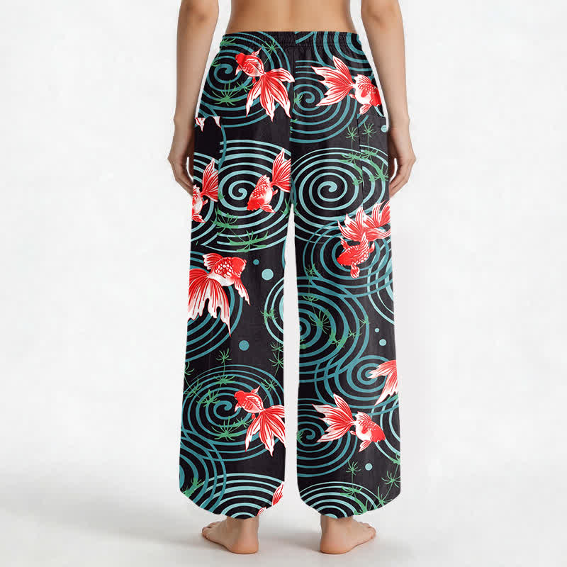 Buddha Stones Pantaloni harem da donna in cotone con motivo a onde di carpe koi orientali e vita elasticizzata, con tasche laterali. - image 2