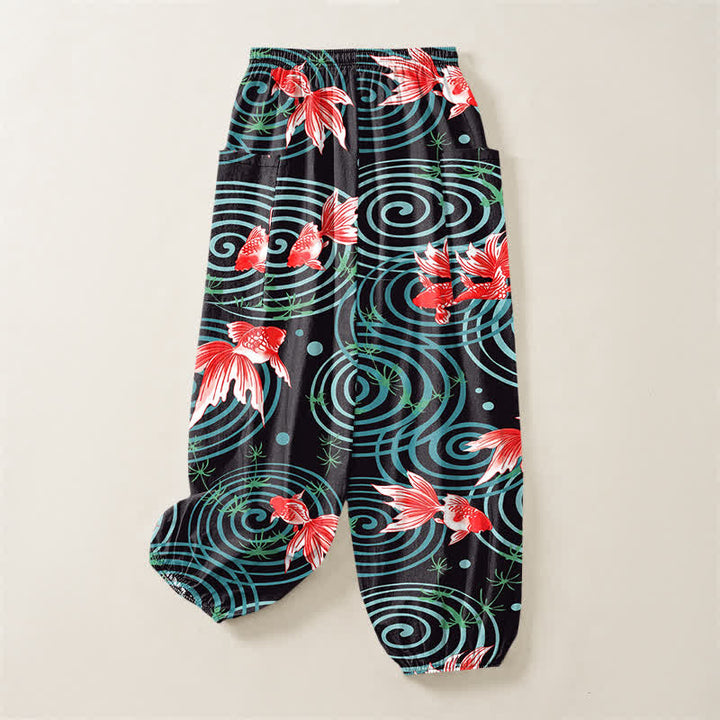 Buddha Stones Pantaloni harem da donna in cotone con motivo a onde di carpe koi orientali e vita elasticizzata, con tasche laterali. - image 4