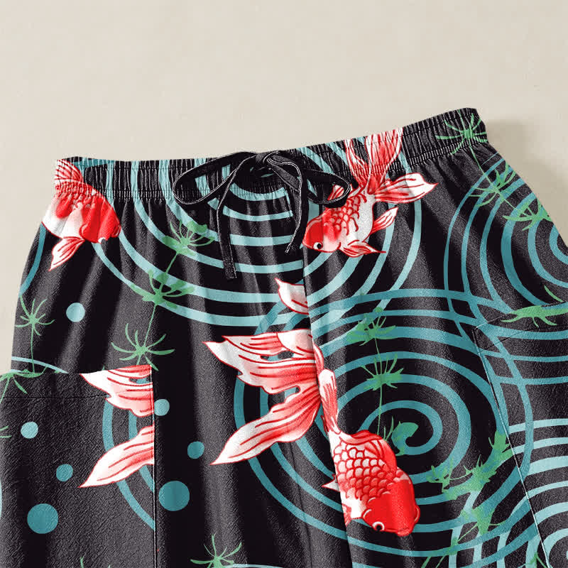 Buddha Stones Pantaloni harem da donna in cotone con motivo a onde di carpe koi orientali e vita elasticizzata, con tasche laterali. - image 5