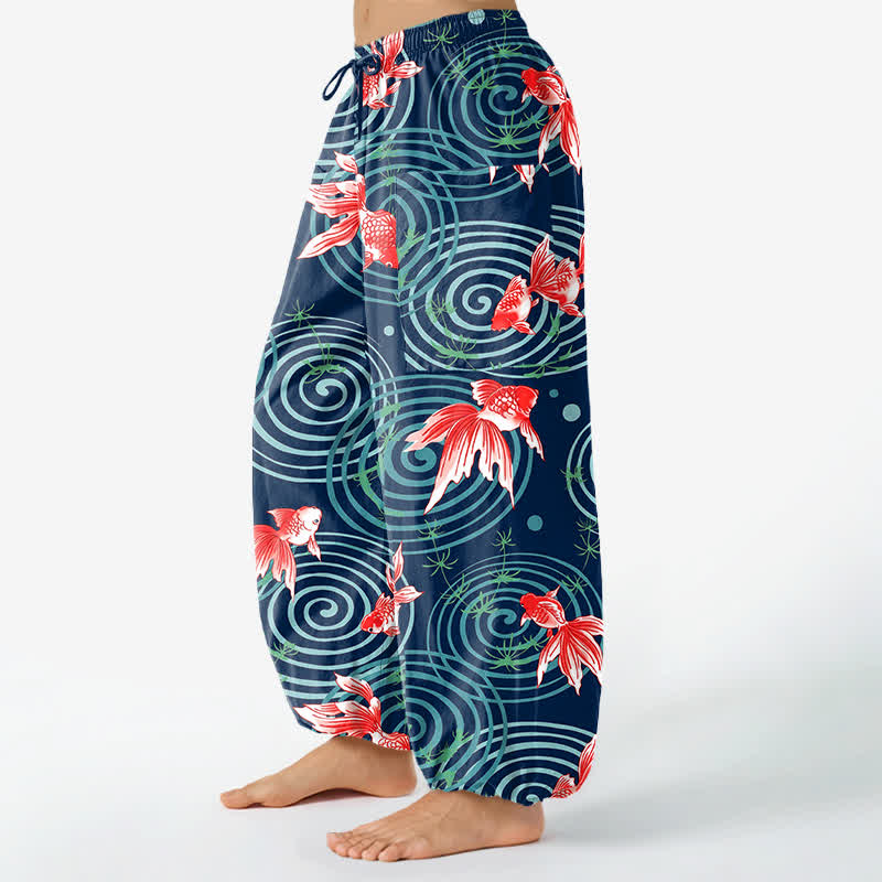 Buddha Stones Pantaloni harem da donna in cotone con motivo a onde di carpe koi orientali e vita elasticizzata, con tasche laterali. - image 8