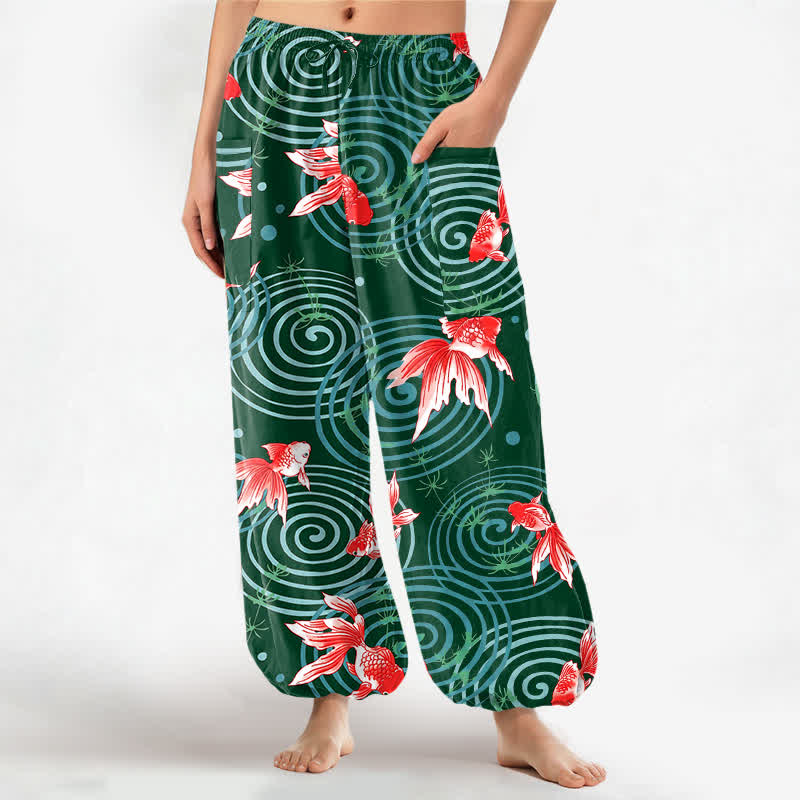 Buddha Stones Pantaloni harem da donna in cotone con motivo a onde di carpe koi orientali e vita elasticizzata, con tasche laterali. - Verde scuro - US16, UK/AU20, EU48 (3XL) - image 10
