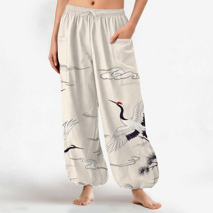 Buddha Stones Pantaloni harem da donna in cotone bianco con motivo gru Zen e vita elasticizzata, con tasche laterali. - Biancheria - US16, UK/AU20, EU48 (3XL) - image 0