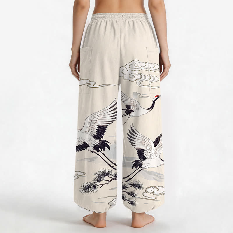Buddha Stones Pantaloni harem da donna in cotone bianco con motivo gru Zen e vita elasticizzata, con tasche laterali. - image 2