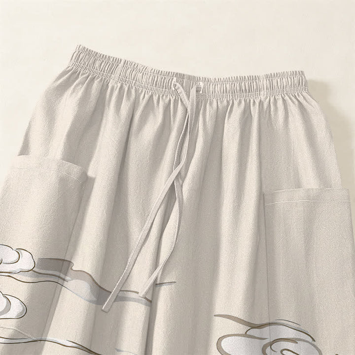 Buddha Stones Pantaloni harem da donna in cotone bianco con motivo gru Zen e vita elasticizzata, con tasche laterali. - image 5