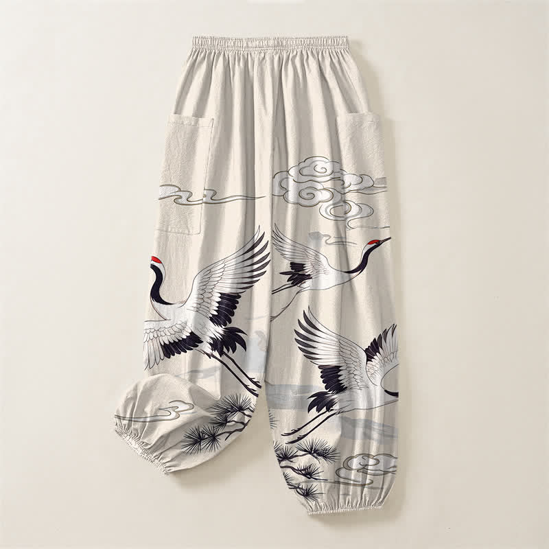 Buddha Stones Pantaloni harem da donna in cotone bianco con motivo gru Zen e vita elasticizzata, con tasche laterali. - image 4