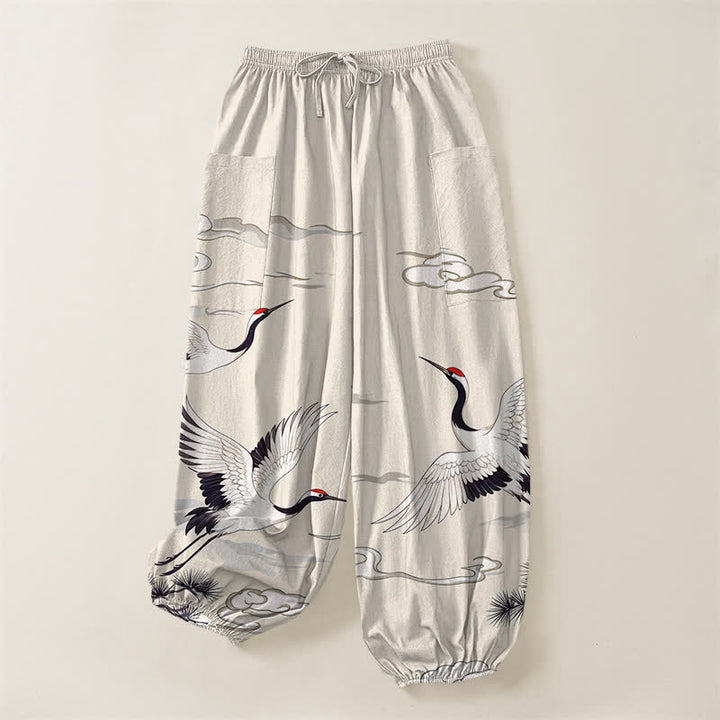 Buddha Stones Pantaloni harem da donna in cotone bianco con motivo gru Zen e vita elasticizzata, con tasche laterali. - image 3