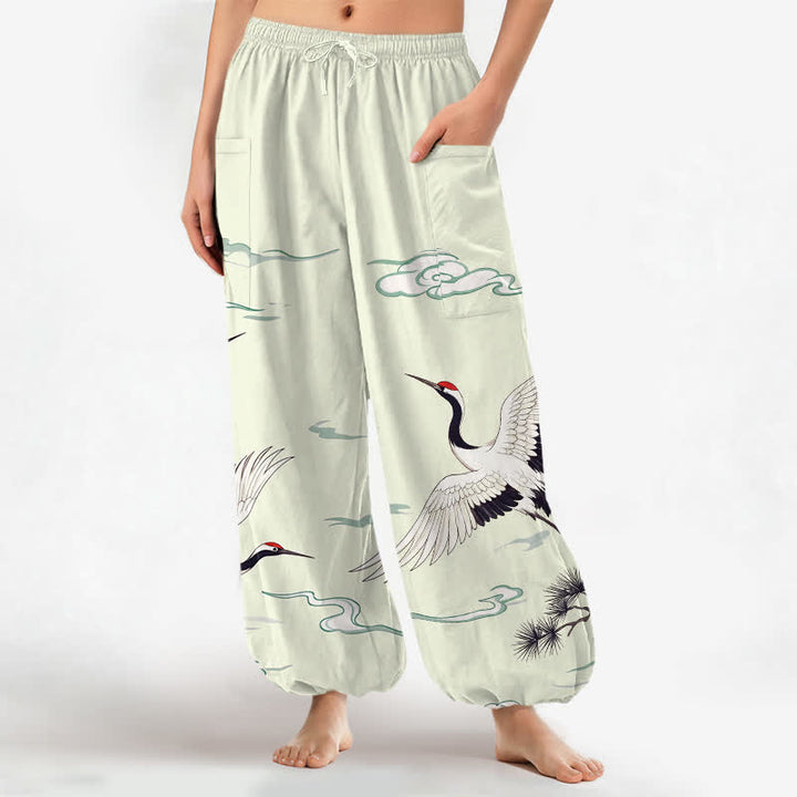 Buddha Stones Pantaloni harem da donna in cotone bianco con motivo gru Zen e vita elasticizzata, con tasche laterali. - Melata - US16, UK/AU20, EU48 (3XL) - image 7