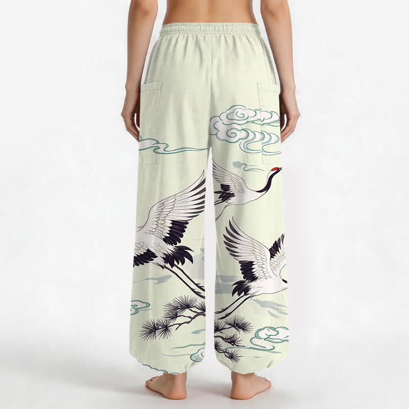 Buddha Stones Pantaloni harem da donna in cotone bianco con motivo gru Zen e vita elasticizzata, con tasche laterali. - image 9