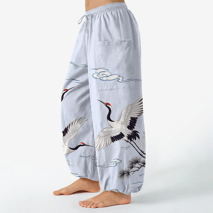 Buddha Stones Pantaloni harem da donna in cotone bianco con motivo gru Zen e vita elasticizzata, con tasche laterali. - image 11