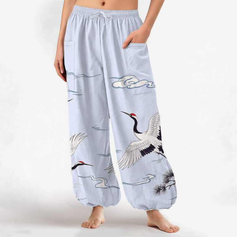 Buddha Stones Pantaloni harem da donna in cotone bianco con motivo gru Zen e vita elasticizzata, con tasche laterali. - AliceBlue - US16, UK/AU20, EU48 (3XL) - image 10