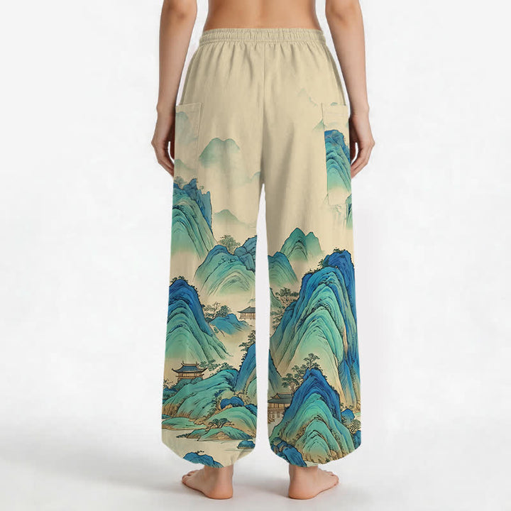 Buddha Stones Pantaloni harem da donna in cotone con elastico in vita e tasche laterali, fantasia Peaks Waters. - image 2