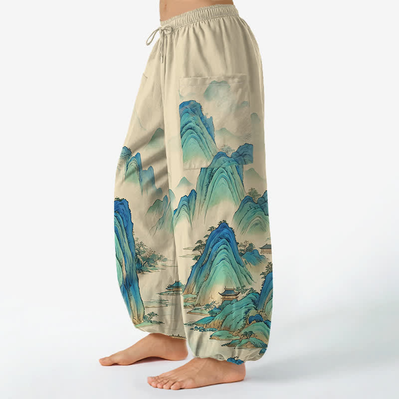 Buddha Stones Pantaloni harem da donna in cotone con elastico in vita e tasche laterali, fantasia Peaks Waters. - image 1