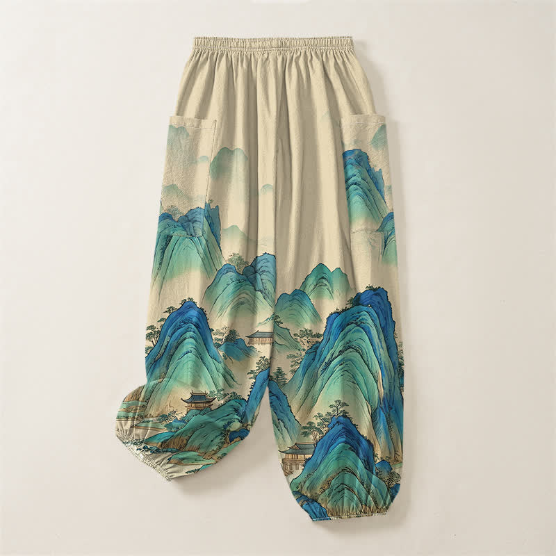 Buddha Stones Pantaloni harem da donna in cotone con elastico in vita e tasche laterali, fantasia Peaks Waters. - image 4