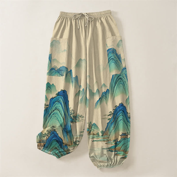 Buddha Stones Pantaloni harem da donna in cotone con elastico in vita e tasche laterali, fantasia Peaks Waters. - image 3