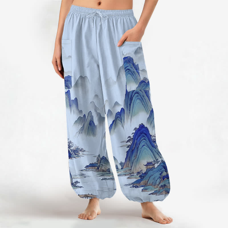 Buddha Stones Pantaloni harem da donna in cotone con elastico in vita e tasche laterali, fantasia Peaks Waters. - Azzurro cielo chiaro - US16, UK/AU20, EU48 (3XL) - image 7