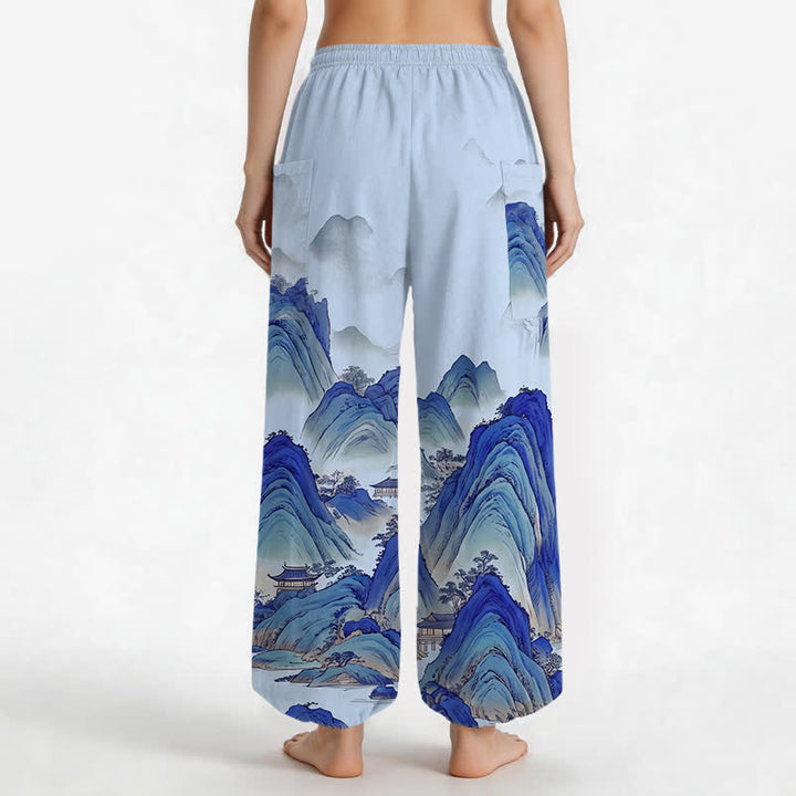 Buddha Stones Pantaloni harem da donna in cotone con elastico in vita e tasche laterali, fantasia Peaks Waters. - image 9