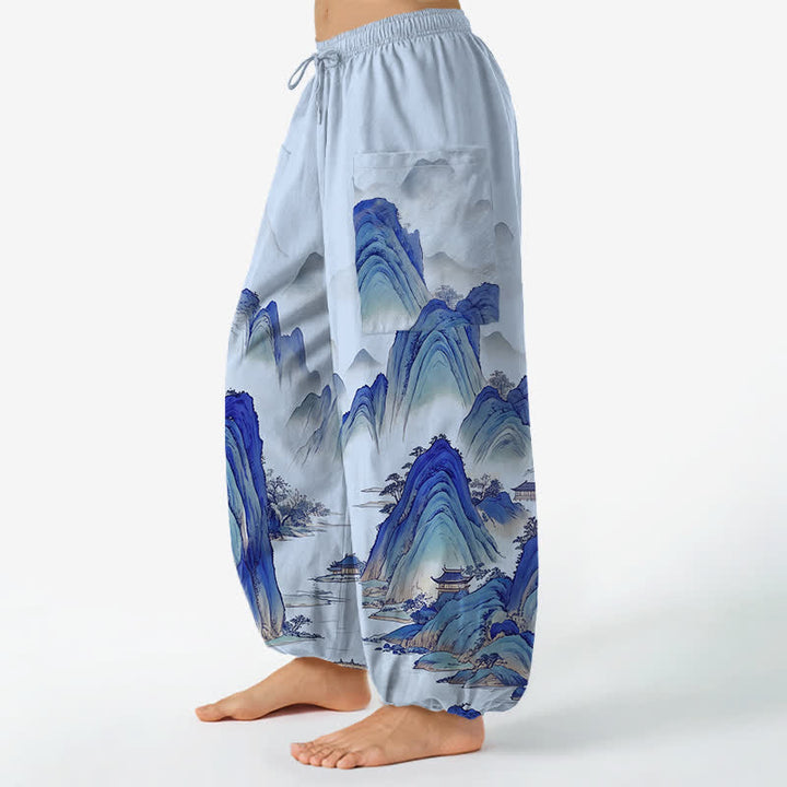 Buddha Stones Pantaloni harem da donna in cotone con elastico in vita e tasche laterali, fantasia Peaks Waters. - image 8