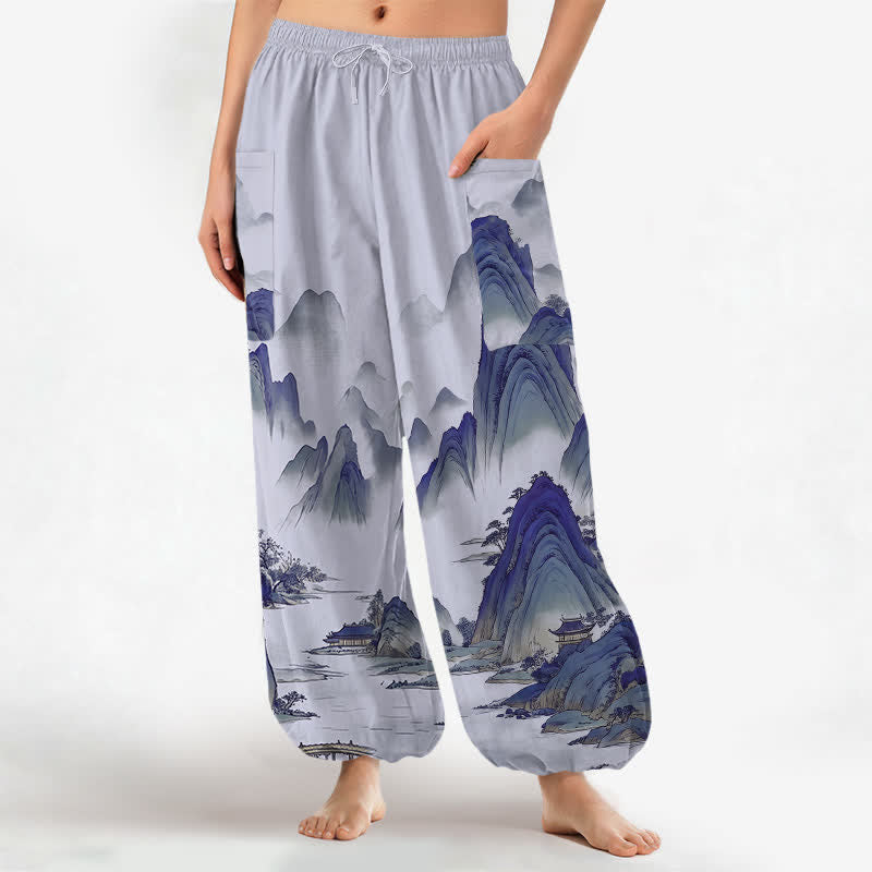 Buddha Stones Pantaloni harem da donna in cotone con elastico in vita e tasche laterali, fantasia Peaks Waters. - Blu acciaio chiaro - US16, UK/AU20, EU48 (3XL) - image 10