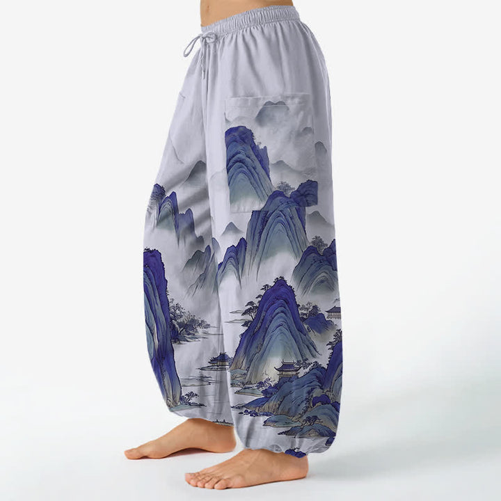 Buddha Stones Pantaloni harem da donna in cotone con elastico in vita e tasche laterali, fantasia Peaks Waters. - image 11
