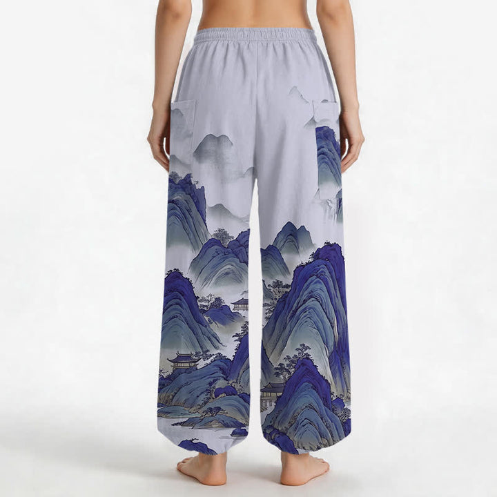 Buddha Stones Pantaloni harem da donna in cotone con elastico in vita e tasche laterali, fantasia Peaks Waters. - image 12