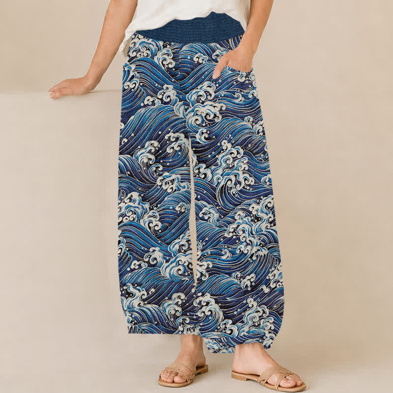 Buddha Stones Pantaloni harem da donna in cotone con motivo a onde oceaniche, plissettati e vita elasticizzata, con tasche. - Marina - US16, UK/AU20, EU48 (3XL) - image 0