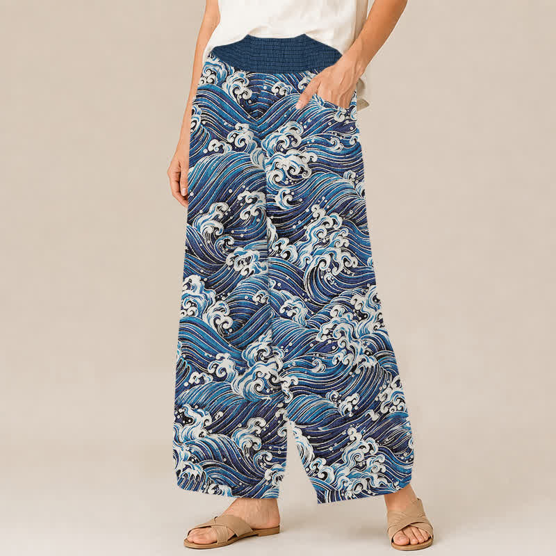 Buddha Stones Pantaloni harem da donna in cotone con motivo a onde oceaniche, plissettati e vita elasticizzata, con tasche. - image 1