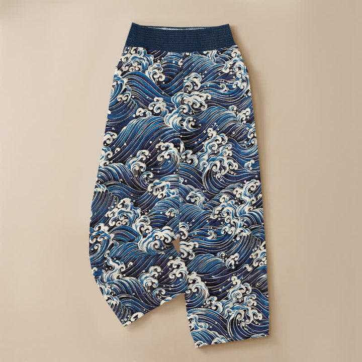 Buddha Stones Pantaloni harem da donna in cotone con motivo a onde oceaniche, plissettati e vita elasticizzata, con tasche. - image 3