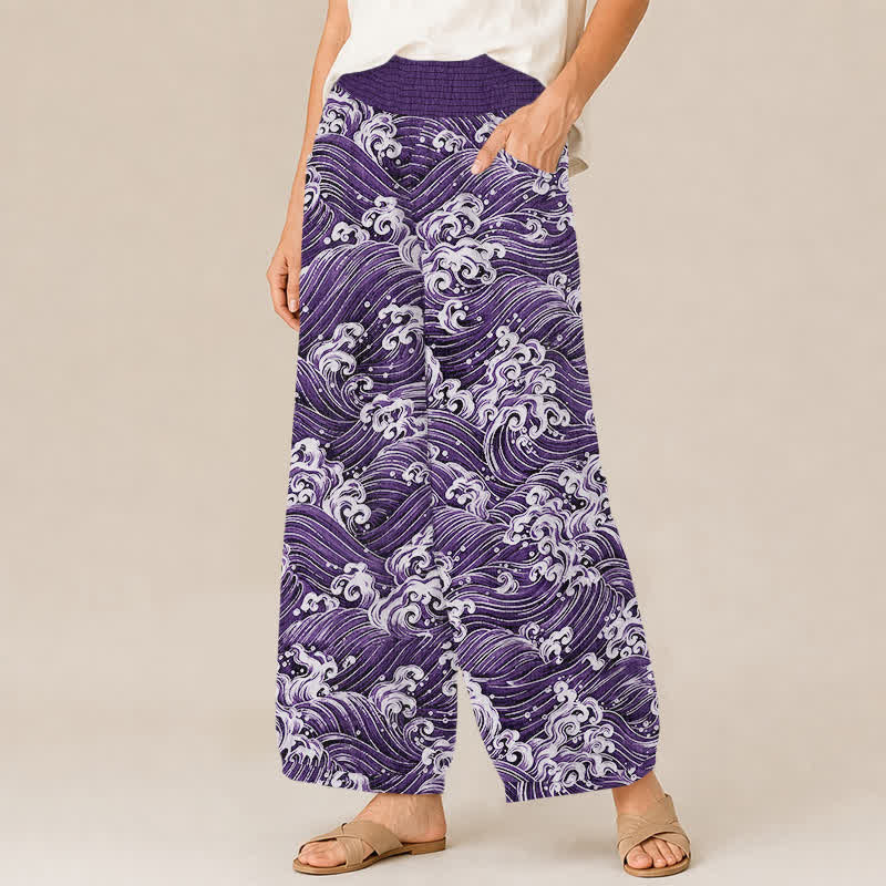 Buddha Stones Pantaloni harem da donna in cotone con motivo a onde oceaniche, plissettati e vita elasticizzata, con tasche. - image 7