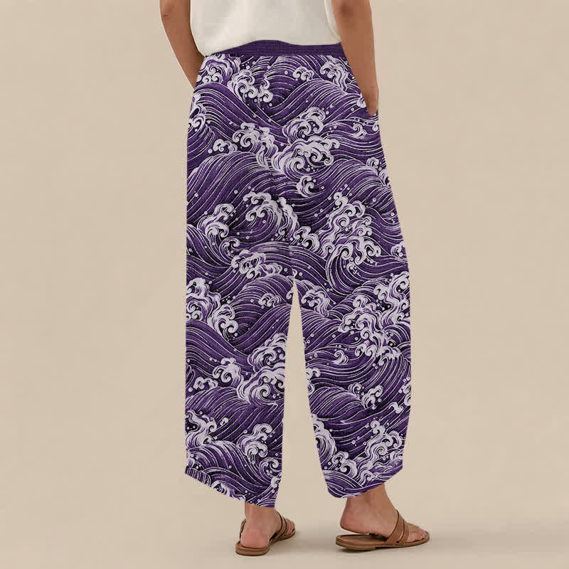 Buddha Stones Pantaloni harem da donna in cotone con motivo a onde oceaniche, plissettati e vita elasticizzata, con tasche. - image 8