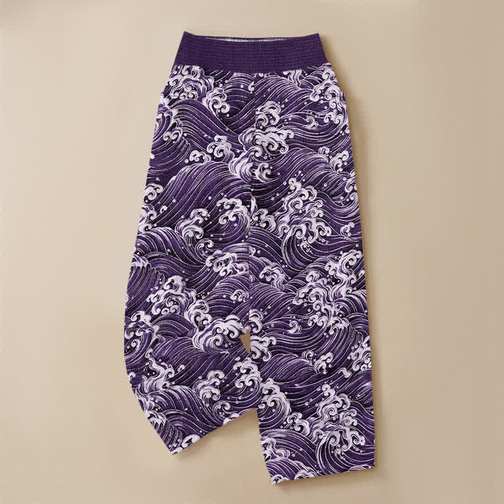Buddha Stones Pantaloni harem da donna in cotone con motivo a onde oceaniche, plissettati e vita elasticizzata, con tasche. - image 9