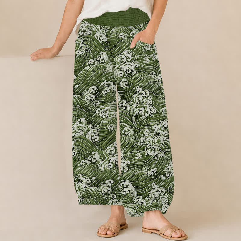 Buddha Stones Pantaloni harem da donna in cotone con motivo a onde oceaniche, plissettati e vita elasticizzata, con tasche. - Verde oliva - US16, UK/AU20, EU48 (3XL) - image 10