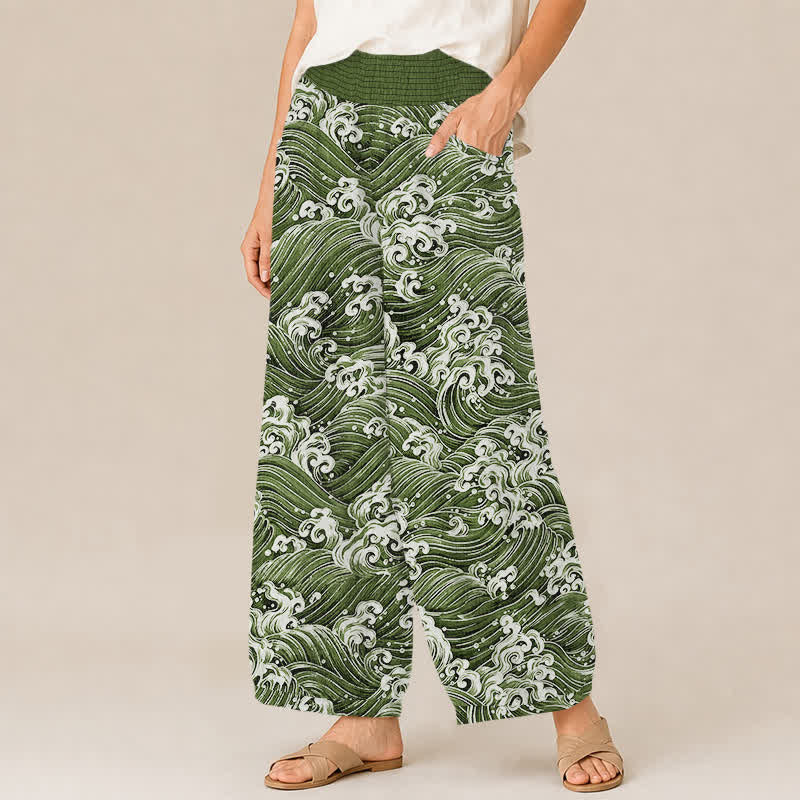 Buddha Stones Pantaloni harem da donna in cotone con motivo a onde oceaniche, plissettati e vita elasticizzata, con tasche. - image 11