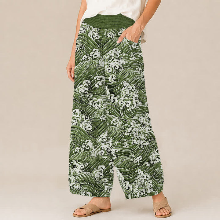 Buddha Stones Pantaloni harem da donna in cotone con motivo a onde oceaniche, plissettati e vita elasticizzata, con tasche. - image 11