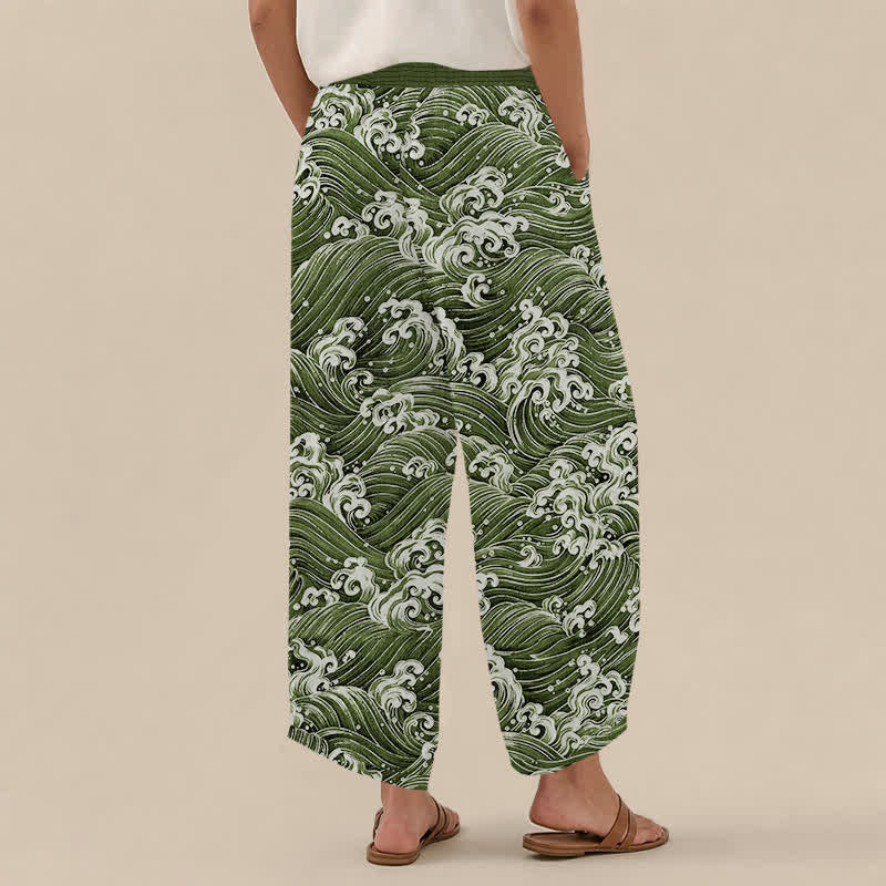 Buddha Stones Pantaloni harem da donna in cotone con motivo a onde oceaniche, plissettati e vita elasticizzata, con tasche. - image 12