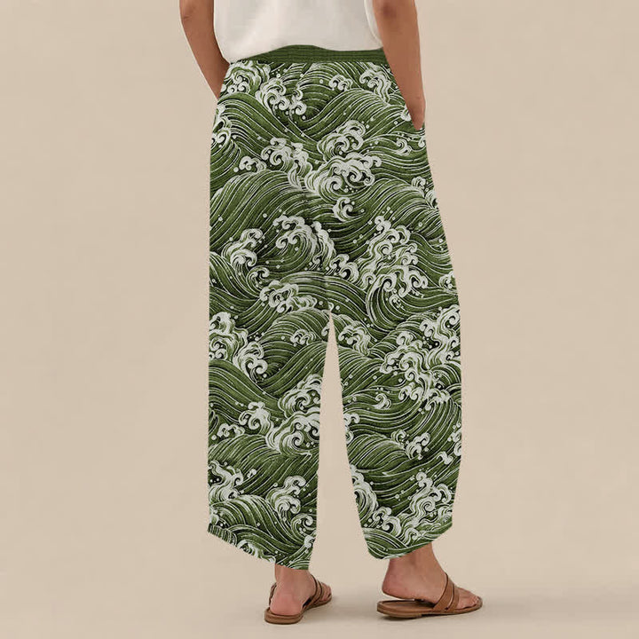 Buddha Stones Pantaloni harem da donna in cotone con motivo a onde oceaniche, plissettati e vita elasticizzata, con tasche. - image 12