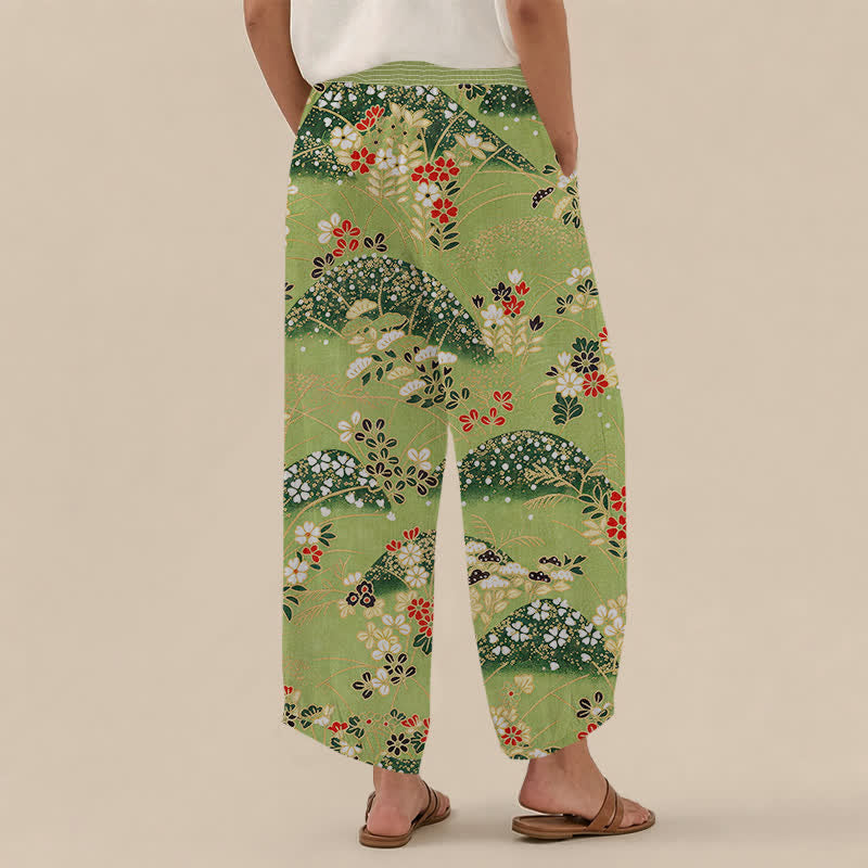 Buddha Stones Pantaloni harem da donna Cotton Hill con motivo floreale, pieghe e vita elasticizzata, con tasche. - image 2