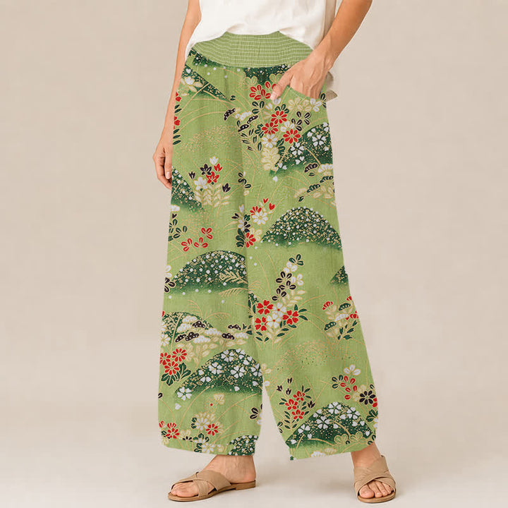 Buddha Stones Pantaloni harem da donna Cotton Hill con motivo floreale, pieghe e vita elasticizzata, con tasche. - image 1