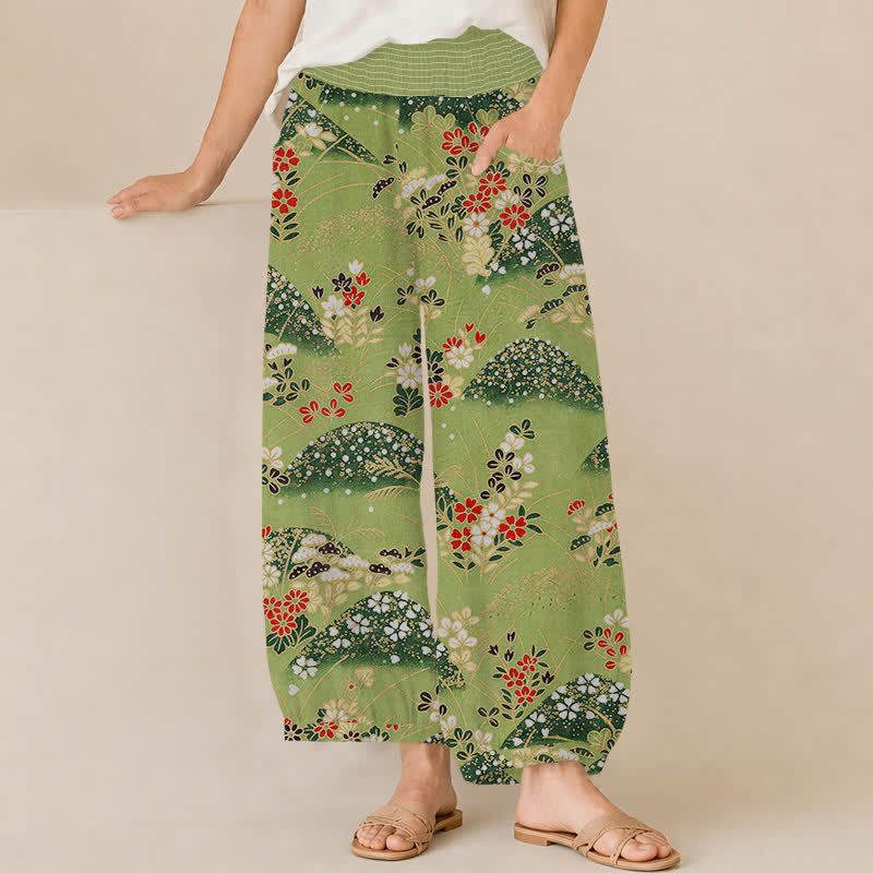 Buddha Stones Pantaloni harem da donna Cotton Hill con motivo floreale, pieghe e vita elasticizzata, con tasche. - GialloVerde - US16, UK/AU20, EU48 (3XL) - image 0