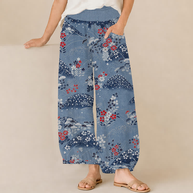 Buddha Stones Pantaloni harem da donna Cotton Hill con motivo floreale, pieghe e vita elasticizzata, con tasche. - SteelBlue - US16, UK/AU20, EU48 (3XL) - image 6