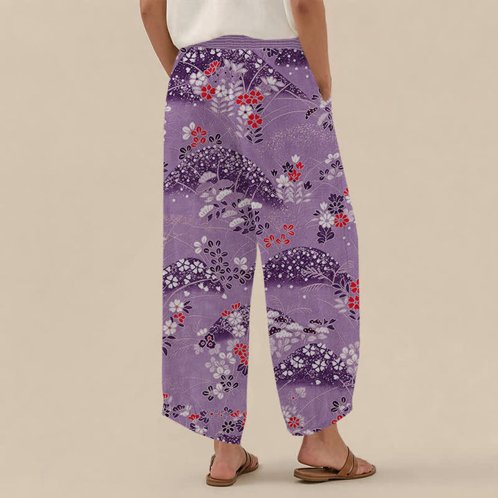 Buddha Stones Pantaloni harem da donna Cotton Hill con motivo floreale, pieghe e vita elasticizzata, con tasche. - image 12