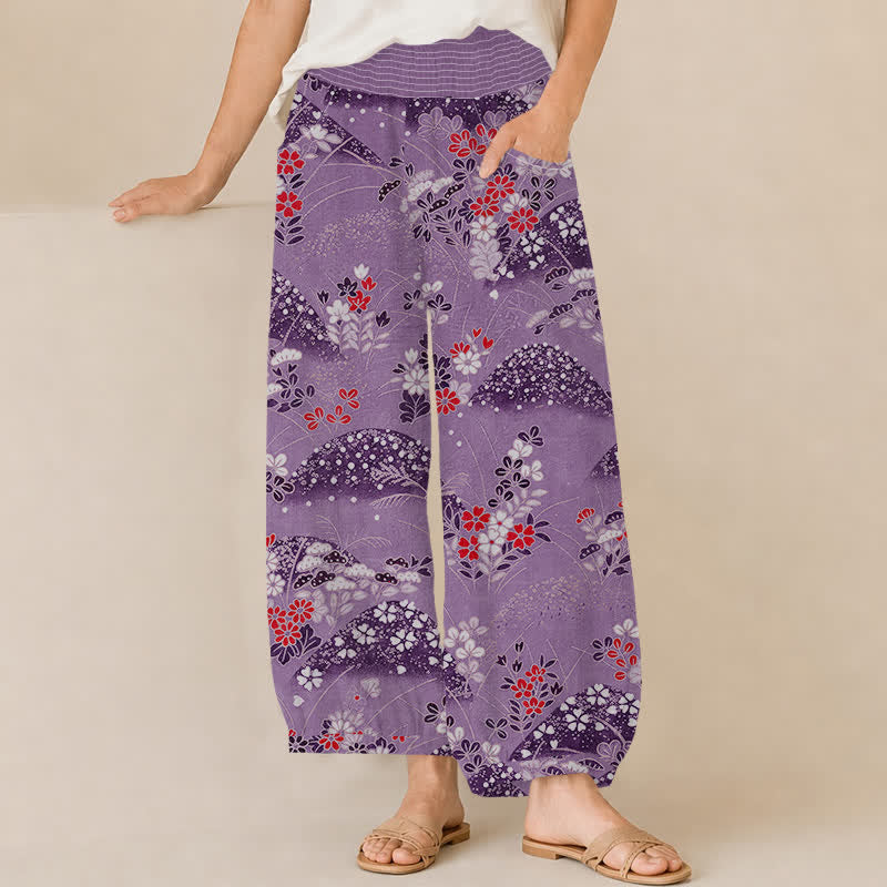 Buddha Stones Pantaloni harem da donna Cotton Hill con motivo floreale, pieghe e vita elasticizzata, con tasche. - Orchidea scura - US16, UK/AU20, EU48 (3XL) - image 10