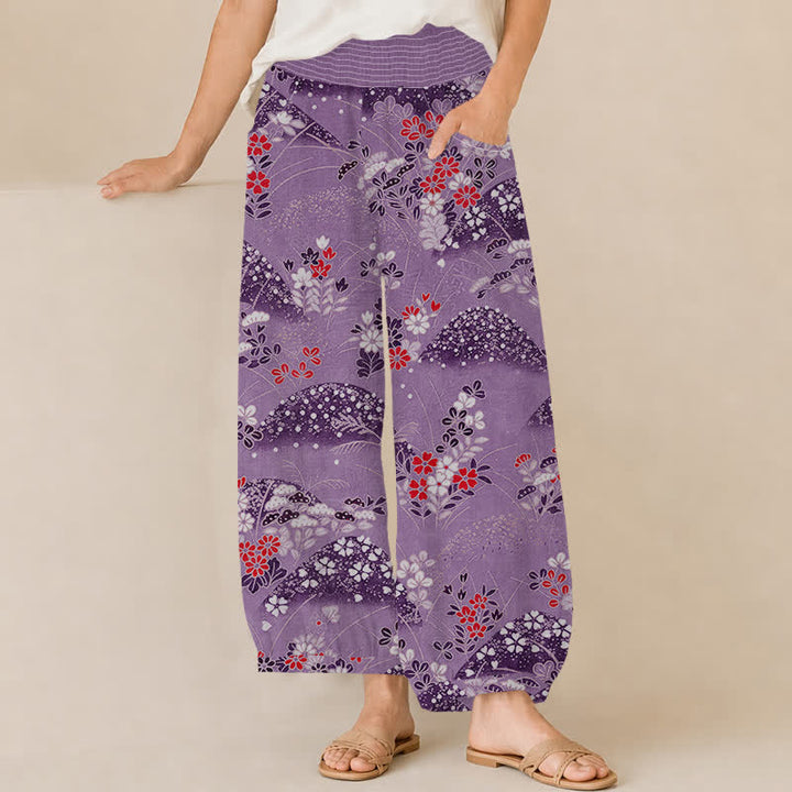 Buddha Stones Pantaloni harem da donna Cotton Hill con motivo floreale, pieghe e vita elasticizzata, con tasche. - Orchidea scura - US16, UK/AU20, EU48 (3XL) - image 10