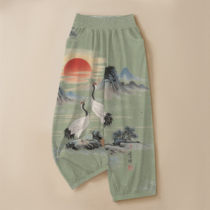Buddha Stones Pantaloni harem da donna in cotone con stampa paesaggio, gru e sole, pieghe e vita elasticizzata, con tasche. - image 9