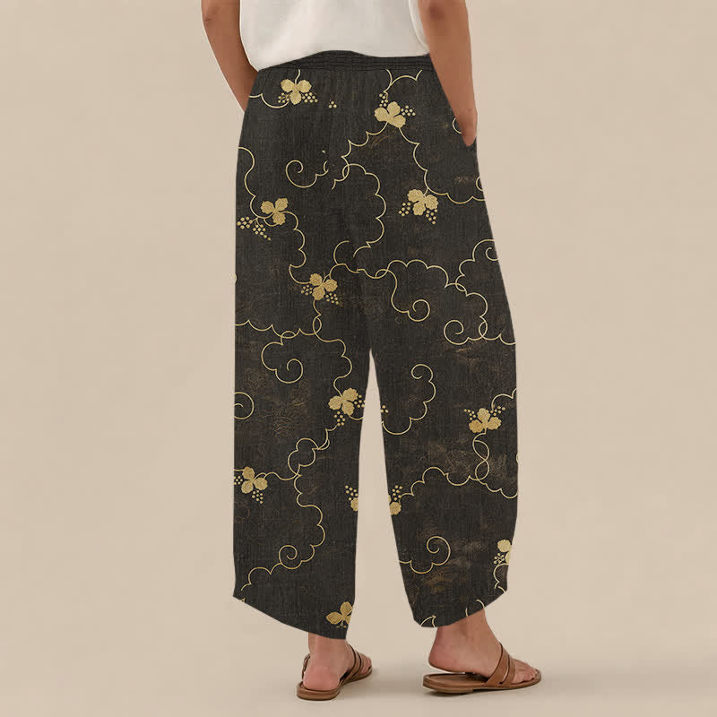 Buddha Stones Pantaloni harem da donna in cotone stile vintage con motivo floreale e nuvole, plissettati e vita elasticizzata, con tasche. - image 1