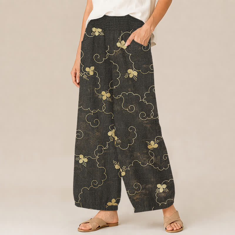 Buddha Stones Pantaloni harem da donna in cotone stile vintage con motivo floreale e nuvole, plissettati e vita elasticizzata, con tasche. - image 2